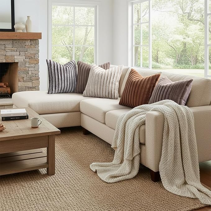 decorUhome Summer Cozy Faux Fur Throw Pillow Covers 24x24 Set of 2 Decorative Plush Striped Modern Farmhouse Boho Couch Euro Sham Pillow Cases with Velvet Back for Sofa Bed Living Room, Beige White