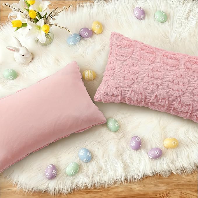 decorUhome Easter Pink Egg Pillow Covers 12x20 Inch Set of 2, Soft Plush Faux Wool Jacquard Cushion Covers, Farmhouse Neutral Fuzzy Spring Easter Holiday Decor for Couch Sofa Bed