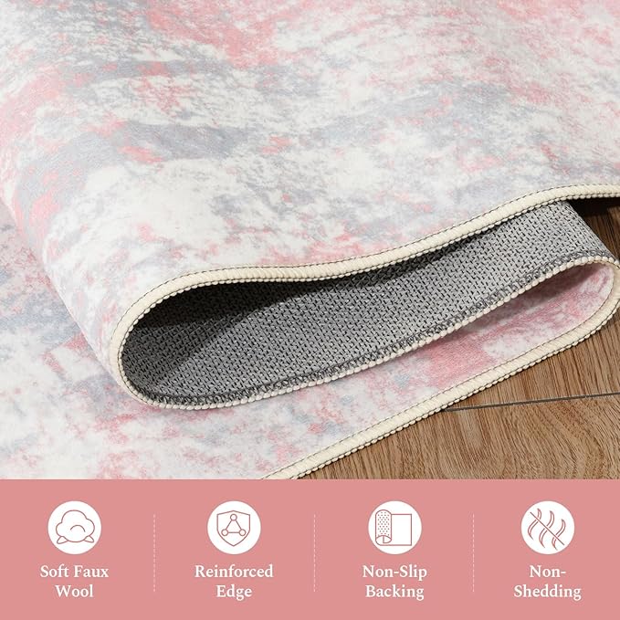 Rugflix 8x10 Area Rugs for Kids Girls Room, Washable Large Rug Stain-Resistant Low Pile, Modern Non Slip Carpet for Nursery Bedroom Living Room Home Office, Pink