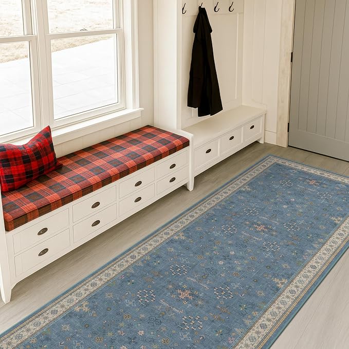 Blue Boho 2'6''x8' Wide Hallway Runner Rug - Washable Kitchen Sink Rug, Non Slip 8ft Long Runner Rug for Entryway, Colorful Modern Floral Print Home Décor