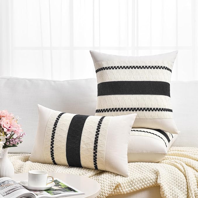 Fancy Homi Set of 1 Boho Black Decorative Throw Pillow Cover 20x20 Inch for Couch Bed Sofa, Aesthetic Modern Organic Farmhouse Home Decor, Soft Cotton Cute Accent Macrame Woven Cushion Case