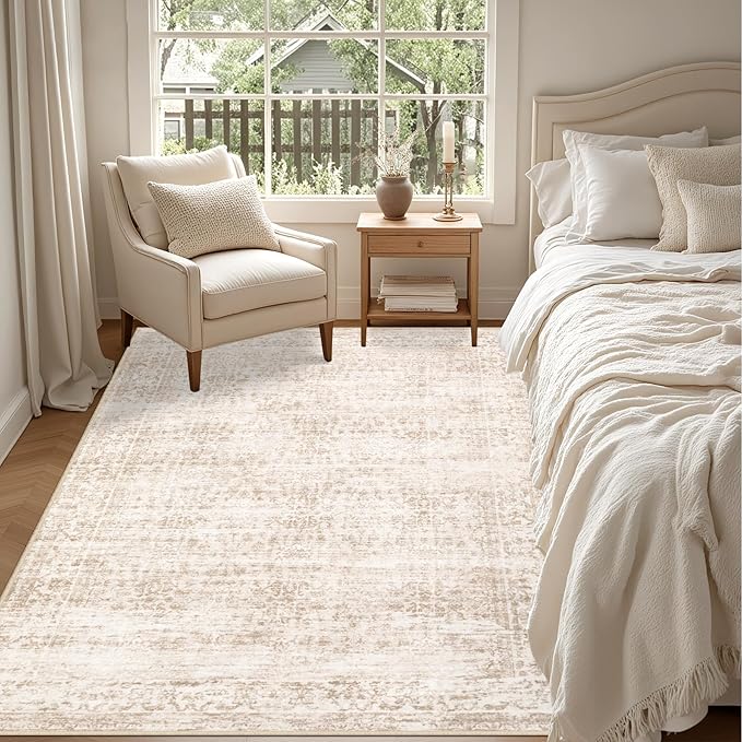 5x7 Area Rugs Living Room Rug: Washable Vintage Boho Rug No Slip Stain Resistant Soft Carpet Indoor Floor Floral Large Carpets for Bedroom Dining Room Farmhouse Nursery Hallway Home Office Beige