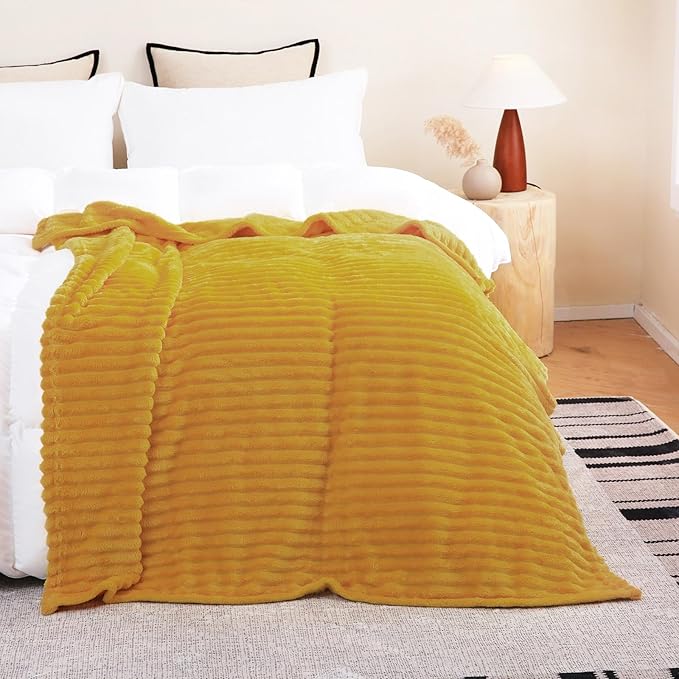 Mustard Yellow Fleece Throw Blanket 60”×80” for Couch Sofa Bed,Super Soft Cozy Plush Microfiber Flannel Blanket with Stripes Design Lightweight for Adults,Woman,Girls
