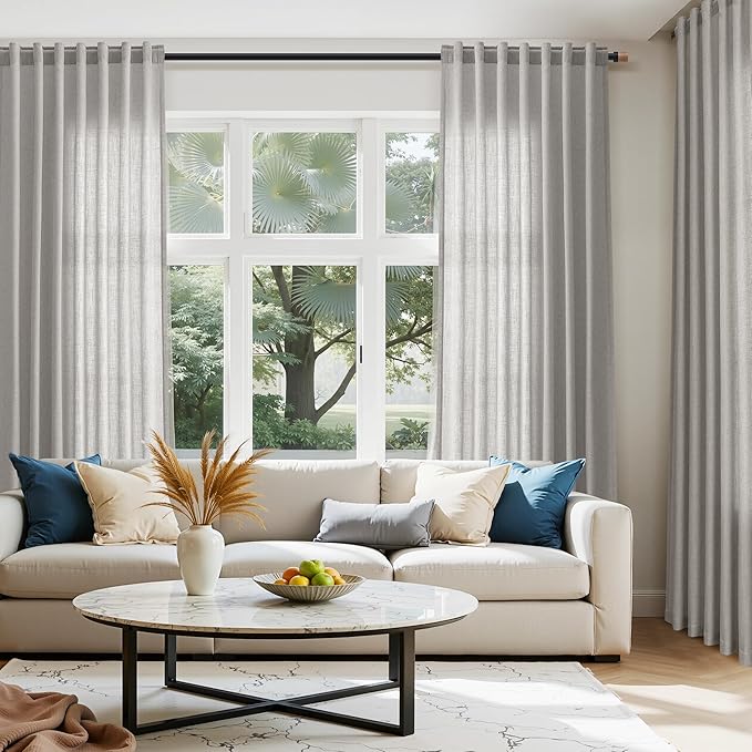 Nanspring Light Gray Linen Curtains 63 Inch Length for Living Room Back Tab and Rod Pocket Semi Sheer Curtain Simple Modern Coastal Room Decor Light Filtering Grey Drapes for Bedroom 52x63, 2 Panels
