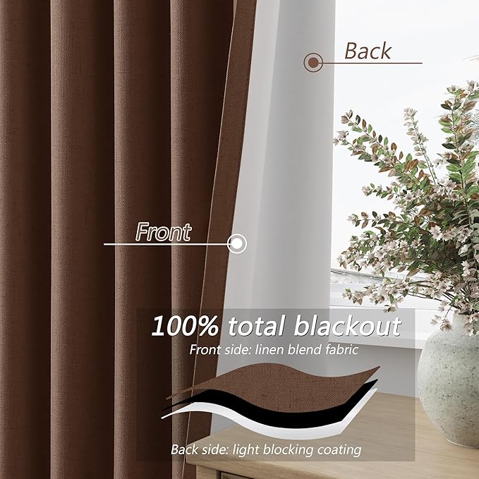 Guken 100% Blackout Curtains 120 Inch Length 2 Panels Set for Living Room Bedroom Back Tab Thermal Insulated Black Out Linen Drapes Room Darkening Window Curtains Rustic Brown 52x120