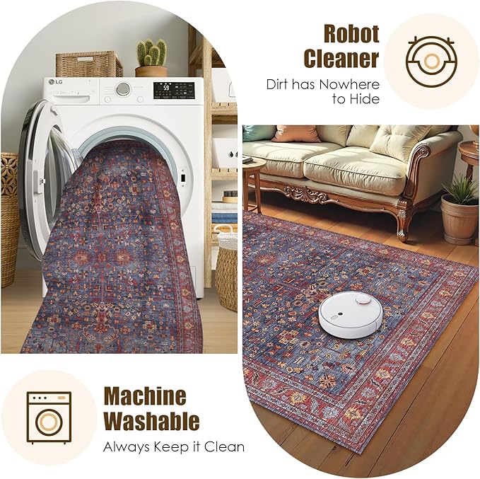 Washable Area Rug 8' x 10' Vintage Traditional Persian Mat - Foldable Distressed Non-Slip Machine Washable Carpet for Living Room Bedroom Kitchen Home Decor - Indigo and Crimson