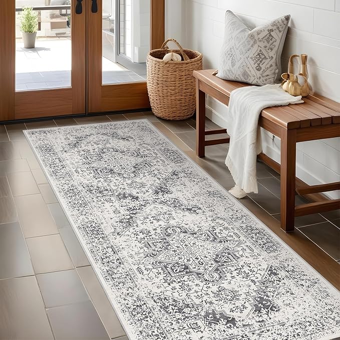Hallway 2x5 Runner Rug - Vintage Non-Slip Long Rugs for Entryway Low-Pile Washable Medallion Runner Rugs for Hallway Waterproof Traditional Runner Rugs Indoor Thin Rug for Kitchen (Grey)