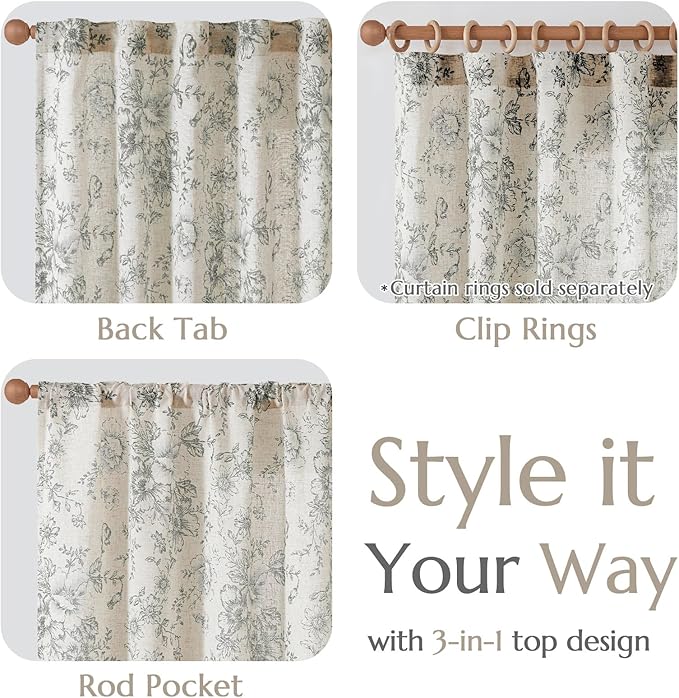 jinchan Lined Linen Blend Curtain Floral Curtains for Living Room 108 Inches Extra Long Grey Peony Flower Printed Curtain Back Tab Farmhouse Patterned Drapes Bedroom Window Curtains Set 2 Panels
