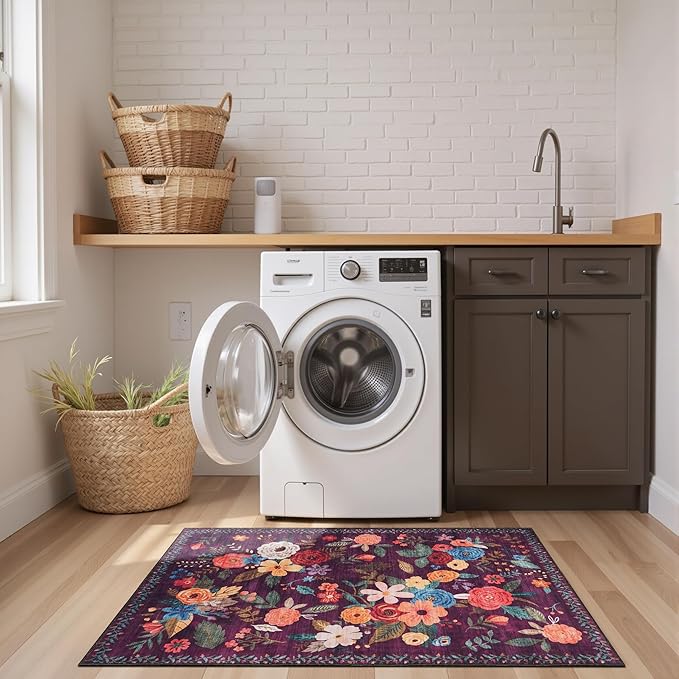 2x4 Entryway Runner Rugs, Non Slip Washable Rugs with Rubber Backing Soft Floral Carpet Runner for Kitchen, Laundry, Bedroom, Bathroom(2 x 4, Purple Lawn)