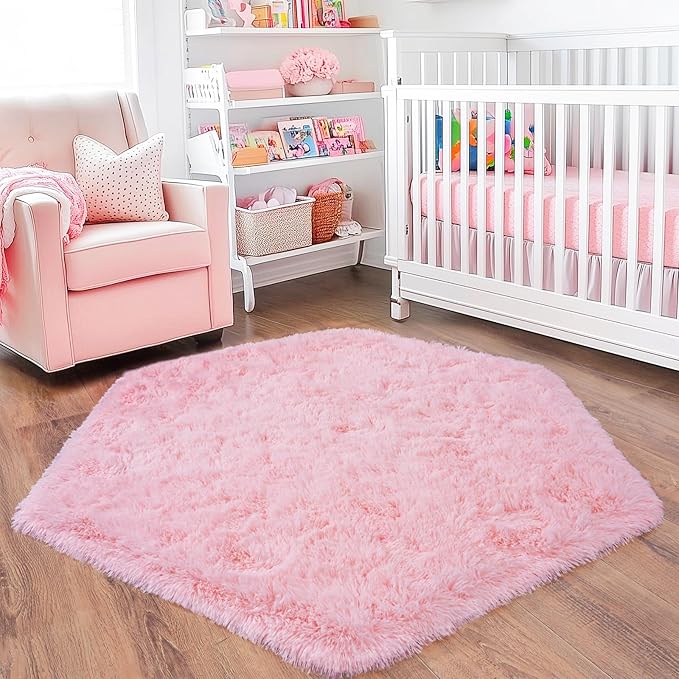 4x4.6 Feet Pink Hexagon Rugs for Princess Tent, Ultra Soft Fluffy Hexagon Area Rug for Bedroom, Cute Shag Rugs for Girls Room, Fuzzy Plush Carpet for Kids Room Tent Castle Home Decor