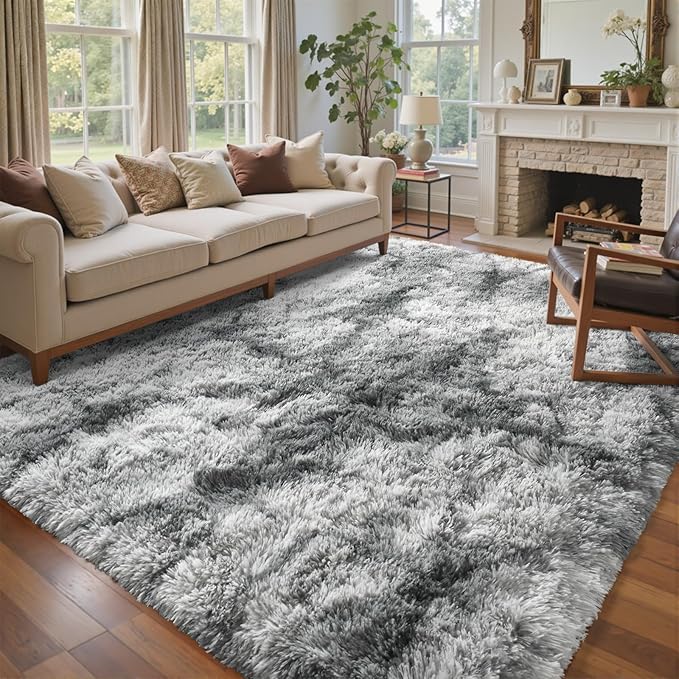 5x7 Ft Large Shag Rugs for Bedroom Living Room, Tie Dyed Ultra Soft Fluffy Furry Area Rug for Indoor Floor, Aesthetic Carpet for Home Decor (Grey)