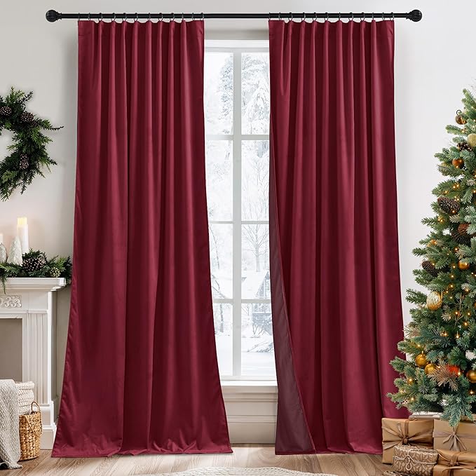 RYB HOME Burgundy Red Velvet Curtains for Christmas Decor, Soft Luxury Backdrops for Studio Theater, Back Tab Design for Bedroom Living Room, 52" W x L84 L, 2 Panels Set