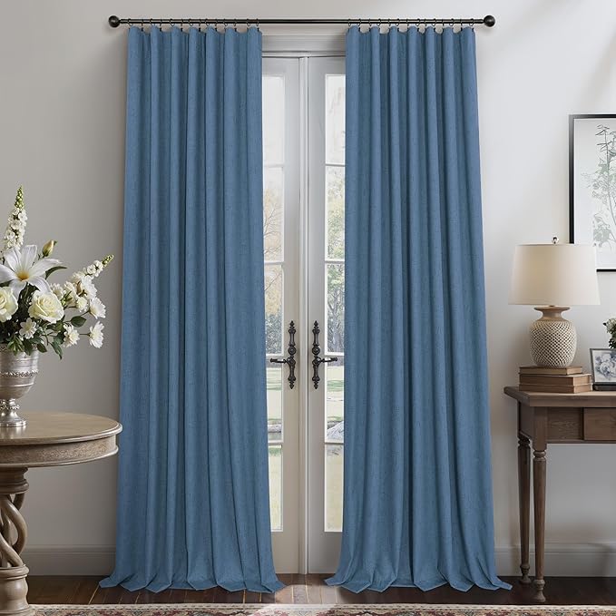 Denim Blue Blackout Drapes 96 Inches Long 2 Panel Burg Cute Linen Textured Modern Farmhouse Living Room Darkening Curtain for Bedroom Viral Sound Deadening Insulated Thermal Back Tab Pleated 96 Length