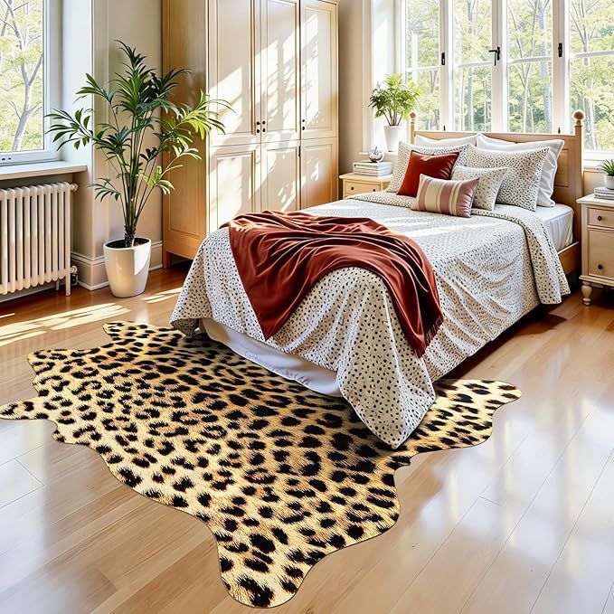 AROGAN Western Decor Faux Fur Leopard Rug, 4.6 x 5.2 Feet Premium Animal Skin Leopard Hide Rug, Sturdy Cheetah Print Rugs for Wall Decor, Western Floor Carpet for Bedroom Living Room, Black and Gold