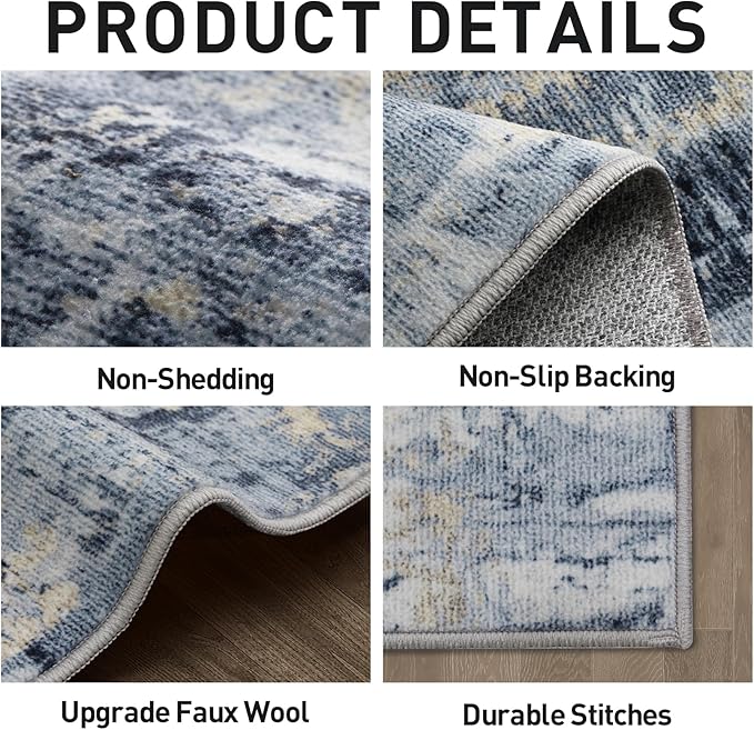 9x12 Area Rugs Washable Rug: Modern Abstract Living Room Rug Soft Anti-Skid Thin Carpet Indoor Floor Non-Shedding Carpets for Bedroom Dining Room Farmhouse Nursery Home Office Blue Gold