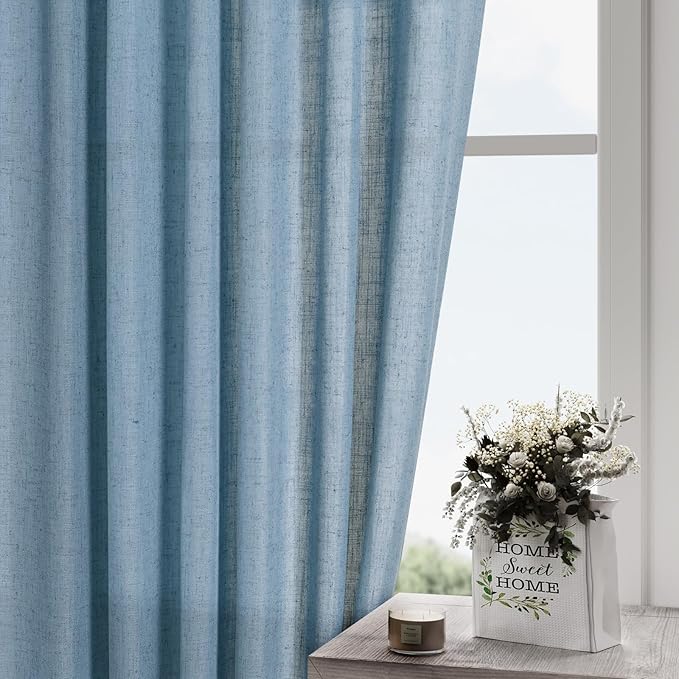 Blue Linen Blend Drapes 84 Inch Length 2 Panels Set Back Tab Rod Pocket Light Filtering Semi Sheer Textured Dusty Blue Vertical Curtains Boho Farmhouse Decor Curtains for Living Room Bedroom 40x84