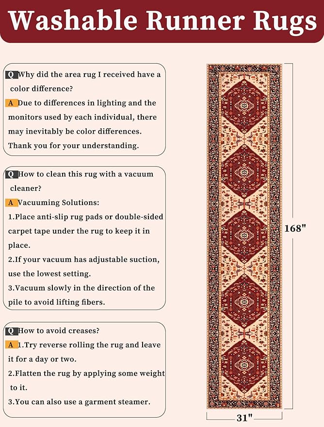 SERISSA Runner Rug for Hallways, 2'6"x14' Washable Non Slip Runner Rug, Extra Long Boho Rug Ultra Soft Vintage Red Black Print Floor Carpet for Bedroom Hallway Entryway Bathroom Laundry Room