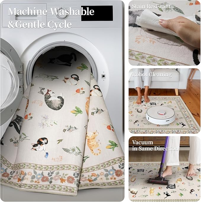3x7 Washable Kitchen Runner Rug - Soft Low Pile Floral Animal Cat Print Rugs with Non-Slip Backing Waterproof Stain-Resistant Indoor Carpet for Hallway Entryway Bathroom Bedroom (Light Beige)