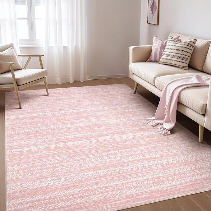 Nakagishi Pink Rugs for Bedroom Girls: 4x6 Washable Boho Large Neutral Area Rug Cute Soft Modern Indoor Floor Non Slip Accent Carpet for Living Room Nursery Kids Playroom Dorm Preppy Baby Room Decor