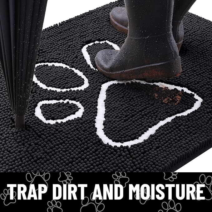 Smiry Dog Door Mat for Muddy Paws, Absorbent Dirt Trapper Non Slip Quick Dry Washable Chenille Mat for Mud Dogs, Entry Rug for Indoor and Outdoor (59x24 Inches, Black and White)