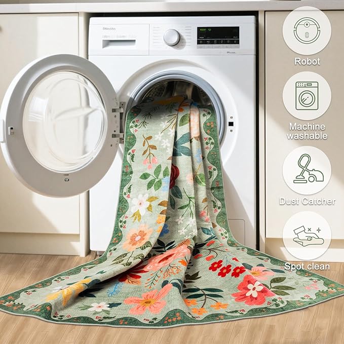 Round Area Rug for Living Room: 6 ft Floral Washable Circle Rug Soft Boho Non-Slip Carpet Indoor Stain Resistant Low Pile Small Circular Rug for Bedroom Entryway Kitchen Nursery Home Office Green
