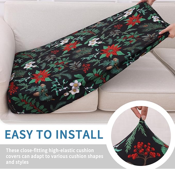 hyha Printed Couch Cushion Covers, Floral Sofa Covers Washable for Cushion Couch, Stretch Pattern Outdoor Cushion Covers for Patio Furniture with Elastic Bottom(Small, Christmas Botanical)