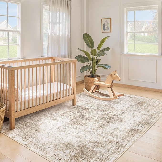 Area Rug 3x5 Washable Rug, Vintage Boho Medallion Entryway Rug Non-Slip Soft Low Pile Small Distressed Floor Carpet Retro Doormat for Kitchen Bedroom Laundry Bathroom Hallway (Brown, 3'x5')