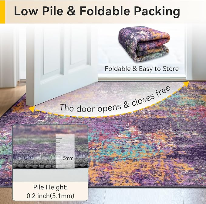 Washable Area Rugs 2'x3' Non-Slip Modern Abstract Soft for Living Room Entryway Bedroom Nursery, Print Pattern, Purple Orange Blue Green Rust Red Colorful