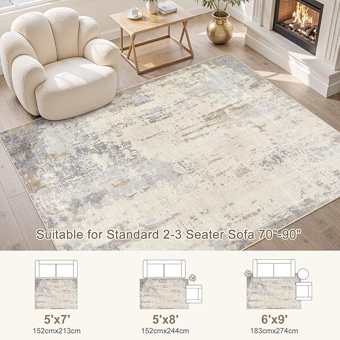 UERMEI 5x7 Area Rug Living Room Rugs - Washable Neutral Modern Abstract Soft Thin Rug Indoor Floor No Slip Rug Carpet for Bedroom Under Dining Table Home Office Decor - Light Brown/Gray