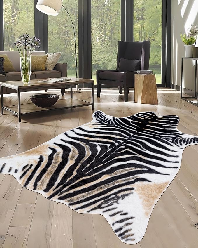 Zebra Print Rug for Living Room, Faux Fur Zebra Hide 5.2x7 Feet Animal Skin Rug for Bedroom Nursery Black and White