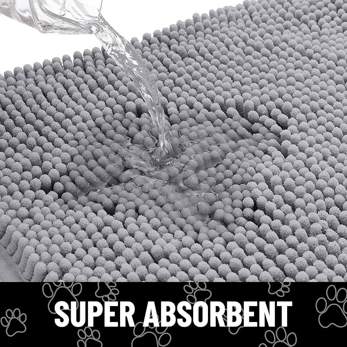 Smiry Dog Door Mat for Muddy Paws, Absorbent Dirt Trapper Non Slip Quick Dry Washable Chenille Mat for Mud Dogs, Entry Rug for Indoor and Outdoor (36x24 Inches, Grey and White)