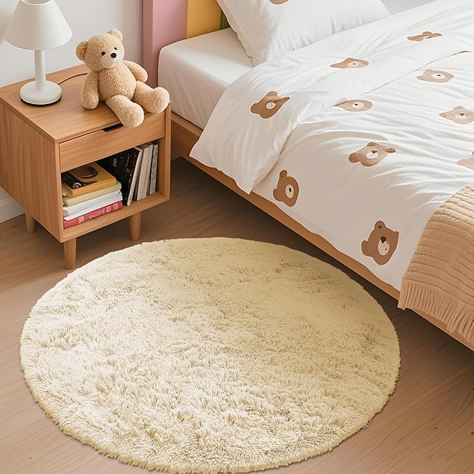OLANLY Cream Round Rugs for Bedroom - Machine Washable, 3 ft Circle Area Rugs for Living Room, Soft and Fluffy Shaggy Carpet for Teen Girl and Boys, Nursery Rooms, Dorms, Home Decor Aesthetic