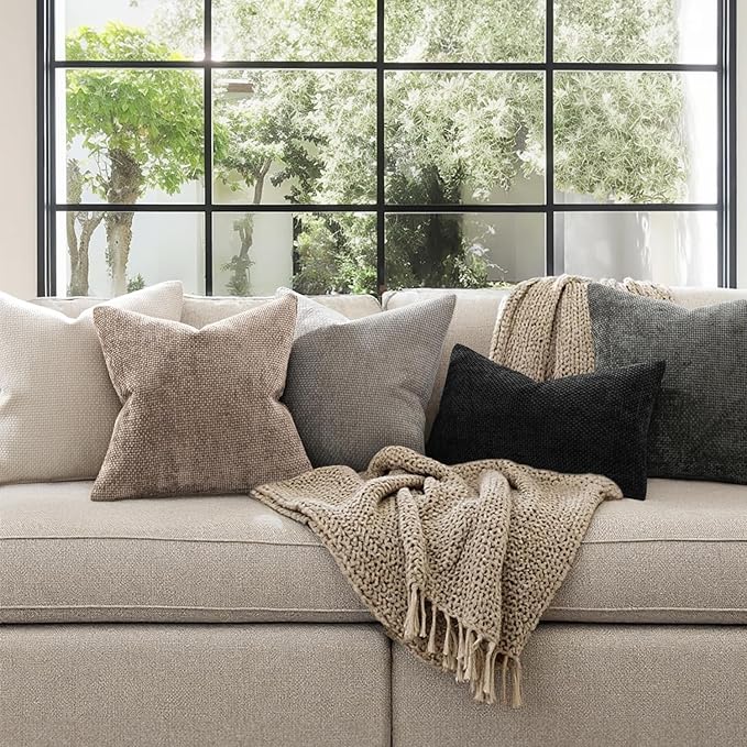 MIULEE Pack of 2 Couch Throw Pillow Covers 20x20 Inch Light Khaki Boho Accent Decorative Pillow Covers Soft Chenille Farmhouse Taupe Cushion Covers for Home Decor Bed Sofa Living Room