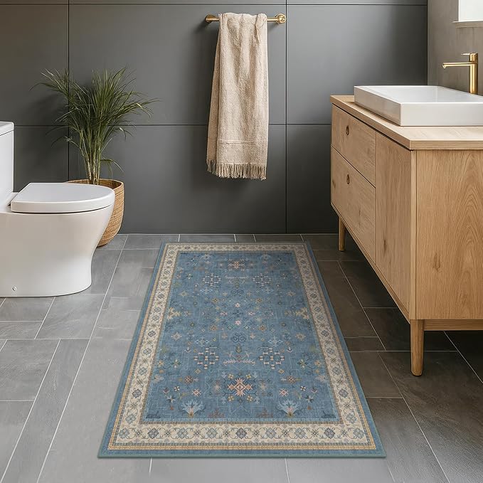 Washable 3x6 Throw Rug for Large Kitchen - Blue Rugs for Entryway Indoor, Bedroom Bedside, Mudroom, Boho Eclectic Modern Décor, Non Slip Low Pile Fade Resistant