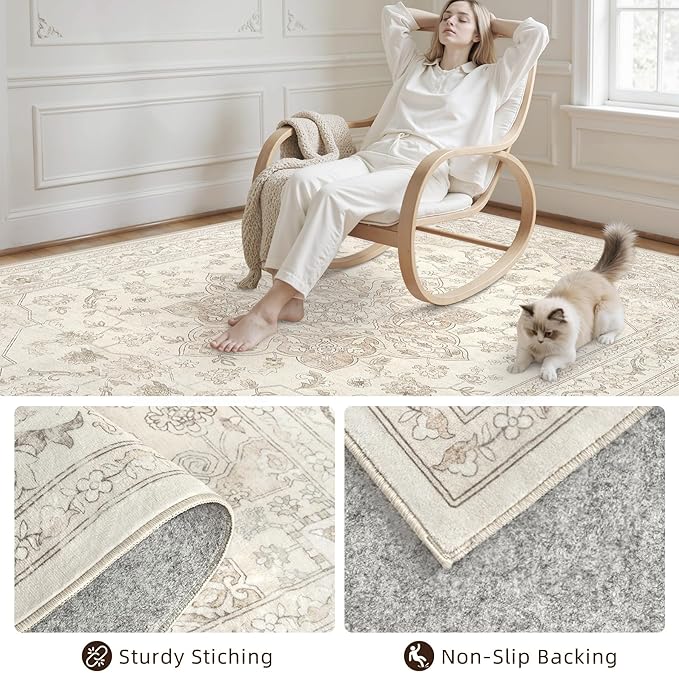 5x7 Area Rugs for Living Room: Vintage Boho Neutral Washable Rug Indoor Soft Large Area Rug Carpet for Bedroom Nursery Farmhouse Dining Room Office Floor Non-Slip Low Pile Under Table Rug Beige White
