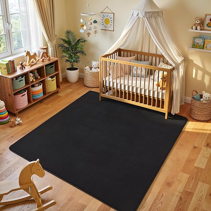 Amearea 6x6 Square Area Rugs for Bedroom Living Room, Modern Black Thickened Memory Foam Rug, Fluffy Indoor Washable Rugs Non Slip Minimalist Carpet for Kids Boys Girls Dorm Nursery Room Decor
