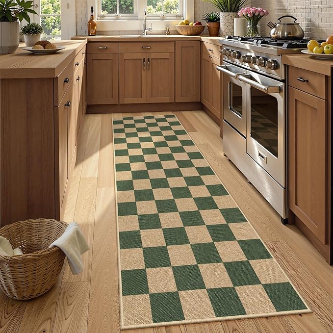 Lahome Colette Checkered Outdoor Runner Rug, 2x8 Green Kitchen Runner Rugs for Non Skid Washable Entryway Carpet, Checkerboard Non Slip Non Shedding Carpet for Bedroom