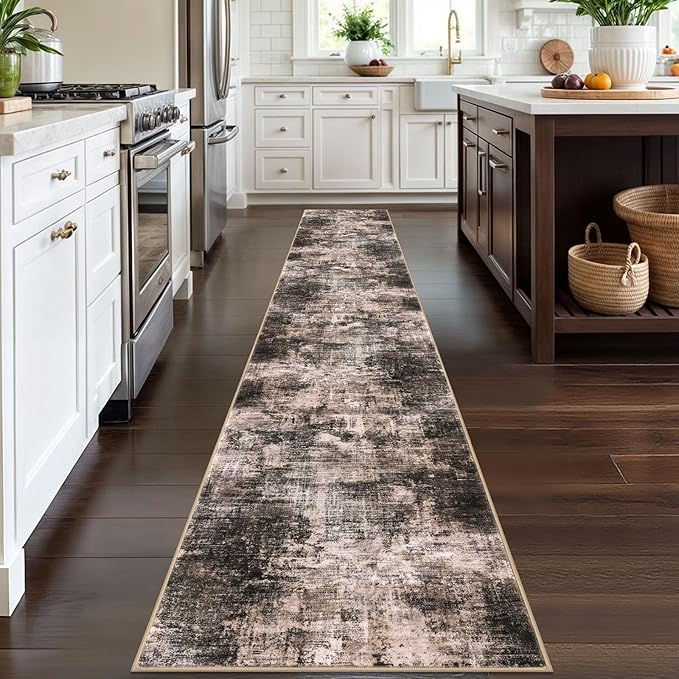 IOHOUZE Abstract Runner Rug 2x12 Ft Washable Runners for Hallways, Non Slip Kitchen Runner Printed Faux Wool Entryway Runner Indoor, Modern Abstract Floor Carpet for Hall Kitchen, Brown/Rust