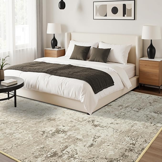 Toneed Abstract Area Rug Modern Washable Rug Soft Non Slip Rug Low Pile for Bedroom Living Room Dining Room Beige 8x10 Feet