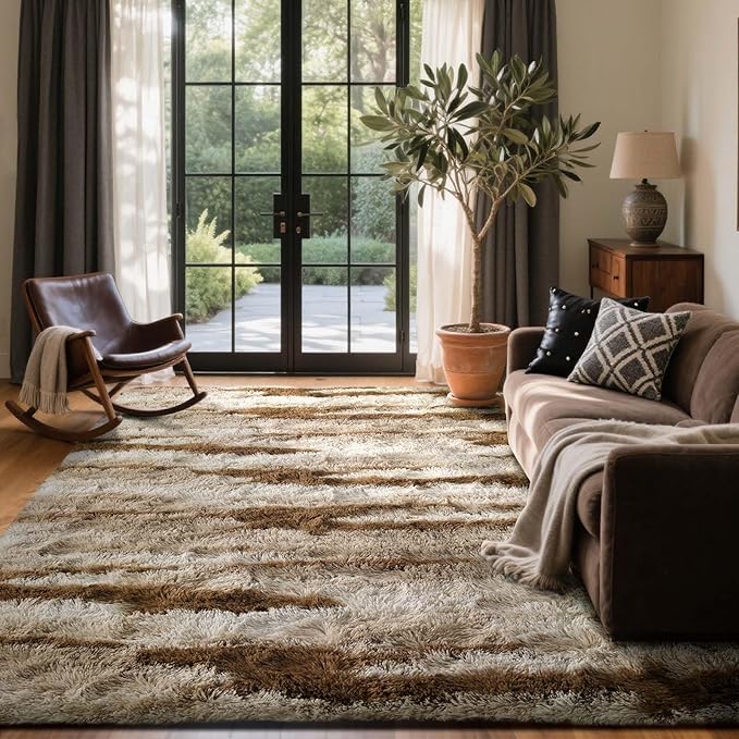 Area Rugs for Living Room, 5x7 Feet Soft Fluffy Shagg Plush Rug High Pile Large Indoor Modern Non-Slip Floor Carpet for Bedroom Nursery Kids Home Room Dorm Decor Aesthetic Tie-Dyed Khaki