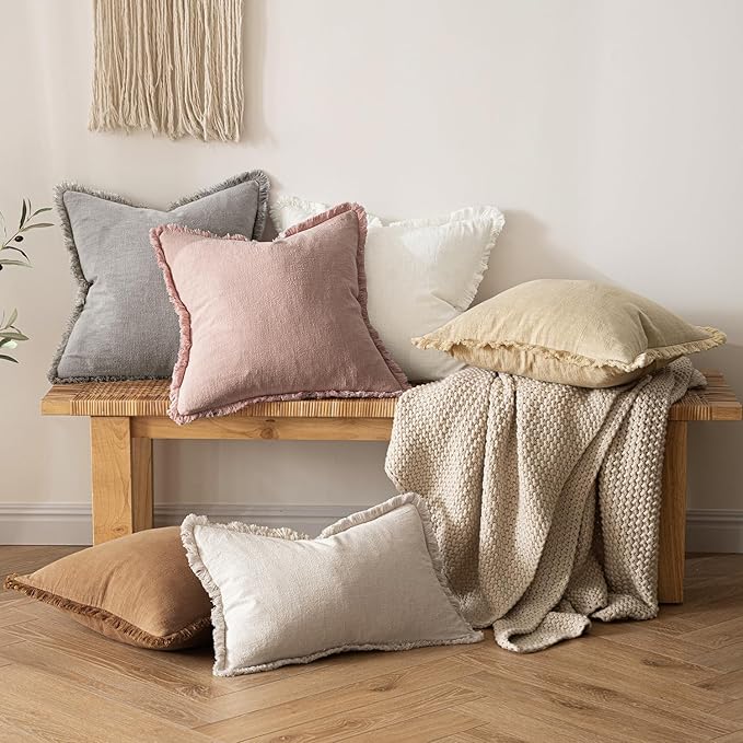 MIULEE Valentines Decorative Throw Pillow Covers Neutral Linen Fringe Throw Pillows Set of 2 Pink Boho Farmhouse Cushion Covers with Tassels for Couch Sofa Bed Living Room Spring Decor 18x18 Inch