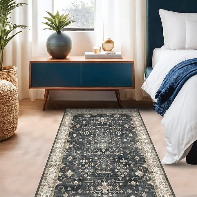 Boho Washable 4x6 Entryway Rug - Non-Slip Low Pile Geometric Area Rug for Living Room, Large Kitchen, Bedroom, Office - Ultra Soft Dark Modern Aesthetic Decor, Black & Multi