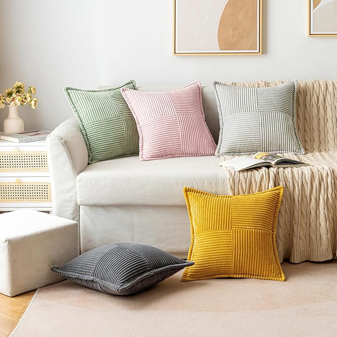 MIULEE Spring Decorative Throw Pillow Covers for Couch Bed Livingroom 18x18 Inch Set of 2 Pink Boho Accent Throw Pllows Broadside Striped Patchwork Soft Corduroy Pillowcases Valentine Decor