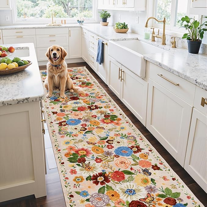 Rug for Hallways Kitchen Rug 2'6" x 14', Non Slip Washable Rugs with Rubber Backing Soft Floral Carpet Runner for Hallways, Kitchen, Laundry, Bedroom, Bathroom(2.6 x 14, Beige Garden)