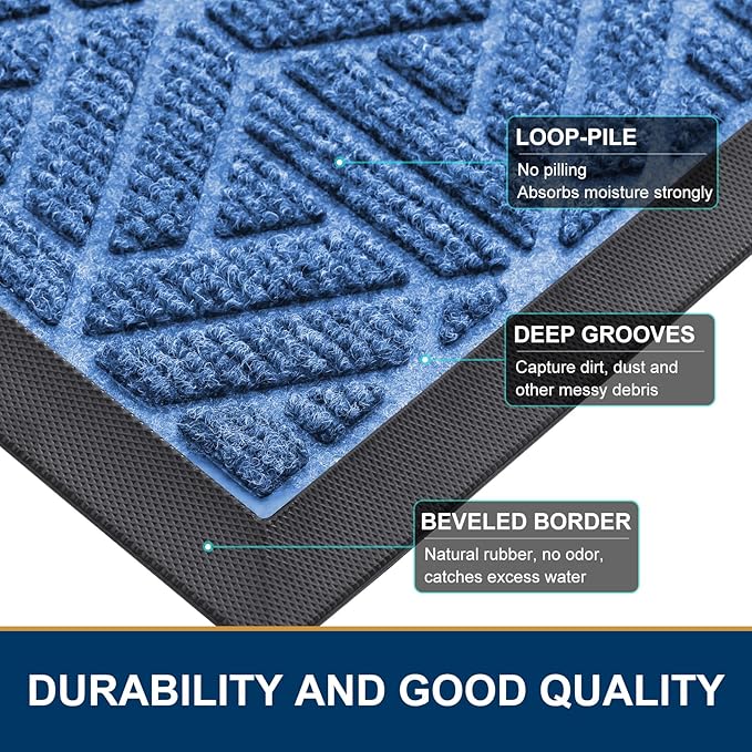 Smiry Front Door Mat Outside Entrance, Heavy Duty Sturdy Natural Rubber Doormat, Trap Dirt and Moisture, Easy Clean Low Profile Mats for Indoor Outdoor Entry, Grid Geometric (35x23, Blue)