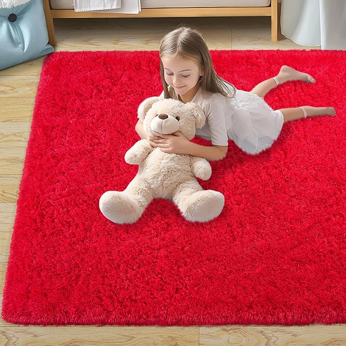 Pionblank 9x12 Area Rug for Living Room, Shag Large Rug for Bedroom, Soft Furry Non Slip Carpet for Kids Room Nursery Teens Dorm Home Decor, Red