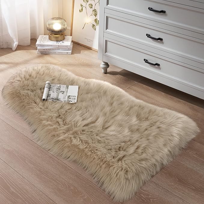 Small Faux Fur Sheepskin Rug 2x4 ft Ultra Soft Chair Sofa Cover Seat Pad, Beige Fluffy Shag Rugs for Bedroom Nursery Kids Room, Luxury Shaggy Rug Fuzzy Plush Floor Carpets