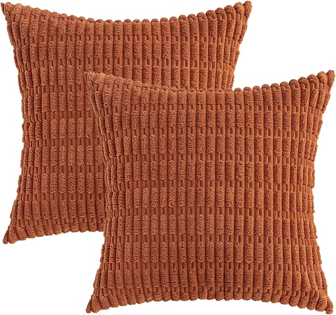 MIULEE Pack of 2 Rust Corduroy Decorative Pillow Covers 20x20 Inch Soft Boho Striped Throw Pillow Covers Modern Farmhouse Home Decor for Summer Sofa Living Room Couch Bed