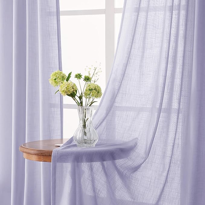 Lavender Purple Linen Curtain 90 Inch Long 2 Panels for Living Room Semi Sheer Privacy Grils Bedroom Window Curtains Rod Pocket Luxury Modern Farmhouse Decor Light Violet 52ﾗ90