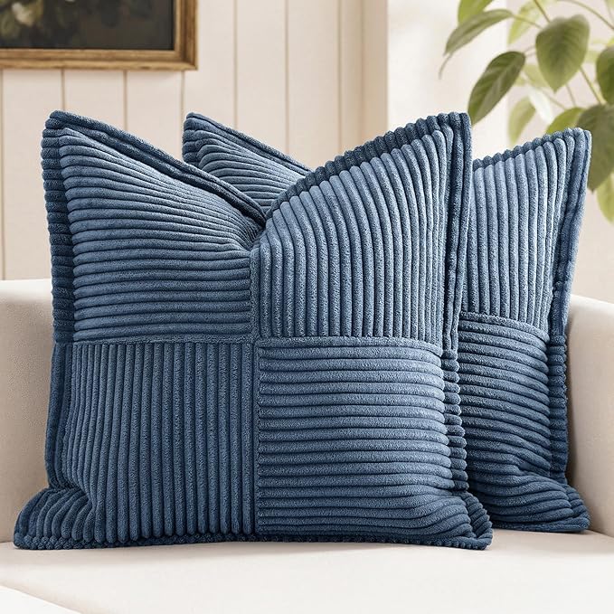 MIULEE Decorative Throw Pillow Covers for Couch Bed Livingroom 20x20 Inch Set of 2 Blue Boho Accent Throw Pllows Broadside Striped Patchwork Soft Corduroy Summer Coastal Pillowcases